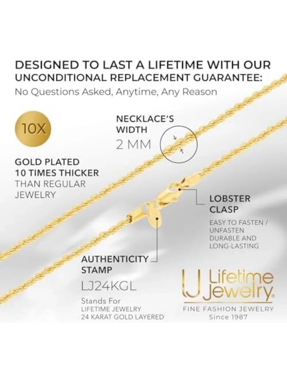 24K Gold Rope Chain Necklace for Men & Women - 2mm Diamond Cut, Thick & Durable